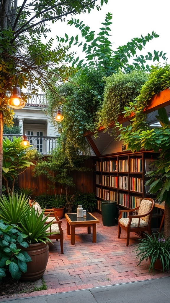 A cozy outdoor reading nook with plants, comfortable chairs, and a small table.