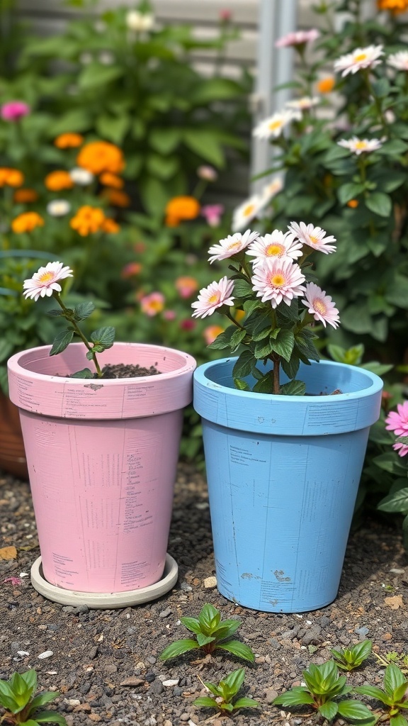 Two painted flower pots, one pink and one blue, with flowers, set in a garden.