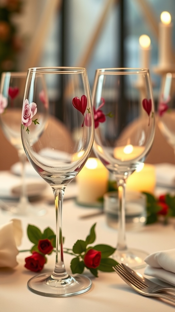 Painted wine glasses with roses and hearts on a romantic table setting