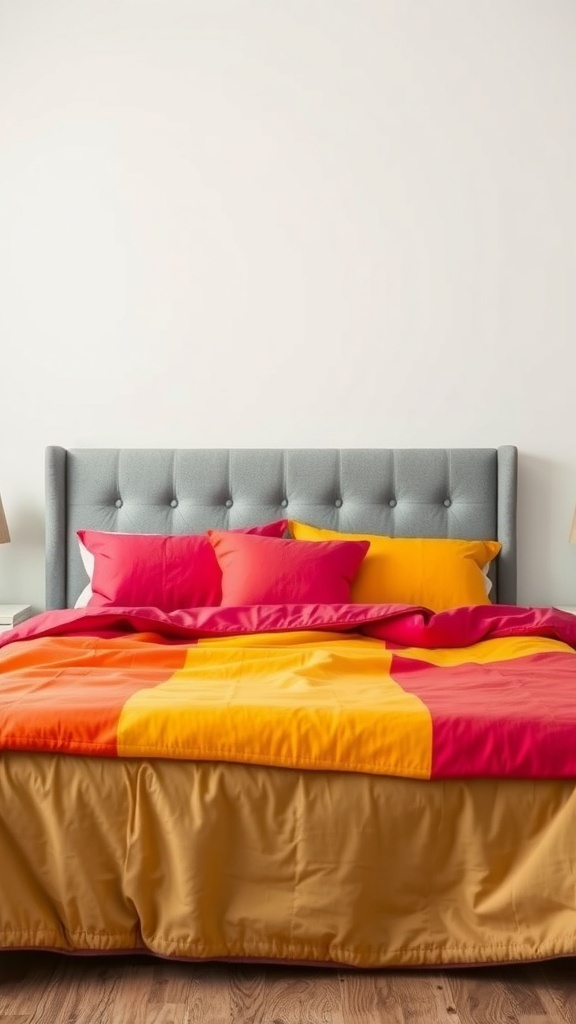 A stylish bedroom featuring a grey headboard and colorful bedding in shades of pink, orange, and yellow.