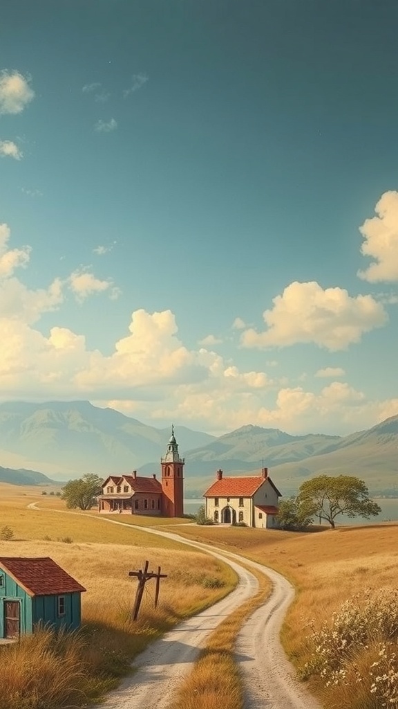 Paisaje vintage con casas de campo y un camino en un entorno natural.