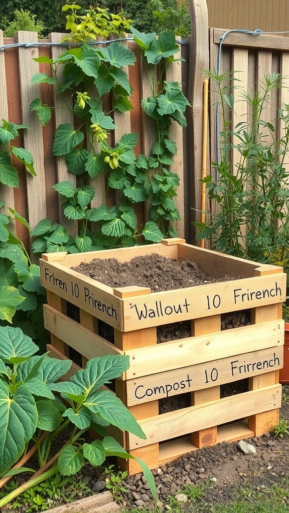 A wooden pallet compost bin in a garden, surrounded by plants, with labels indicating different sections.