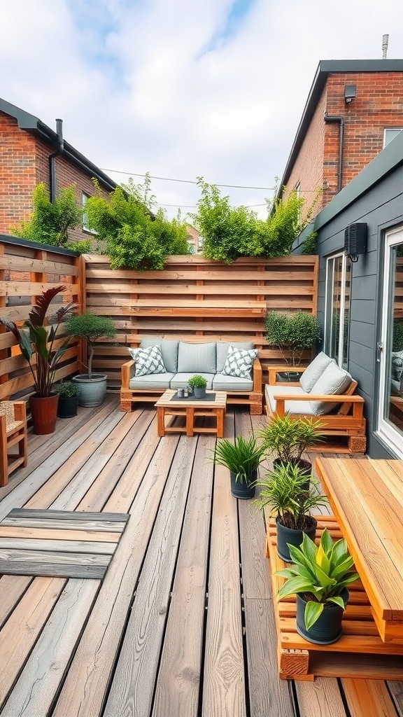 A cozy outdoor space featuring pallet decking, comfortable seating, and potted plants.