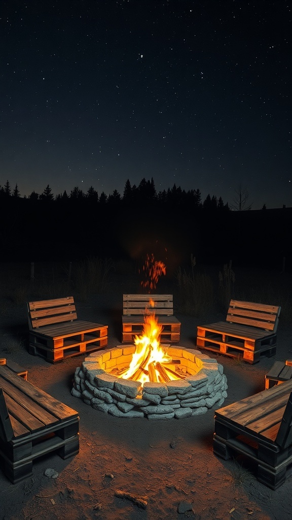 A cozy outdoor fire pit surrounded by pallet seating under a starry sky.