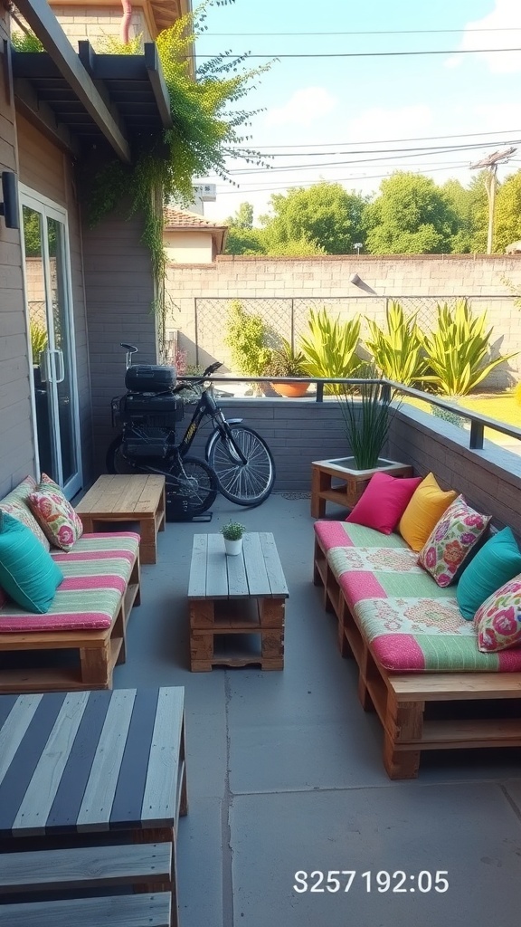 Outdoor pallet furniture setup with colorful cushions and plants