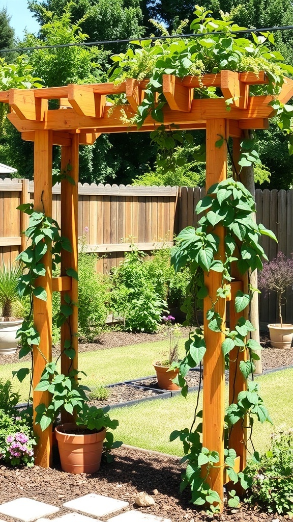 A wooden trellis with climbing plants in a garden