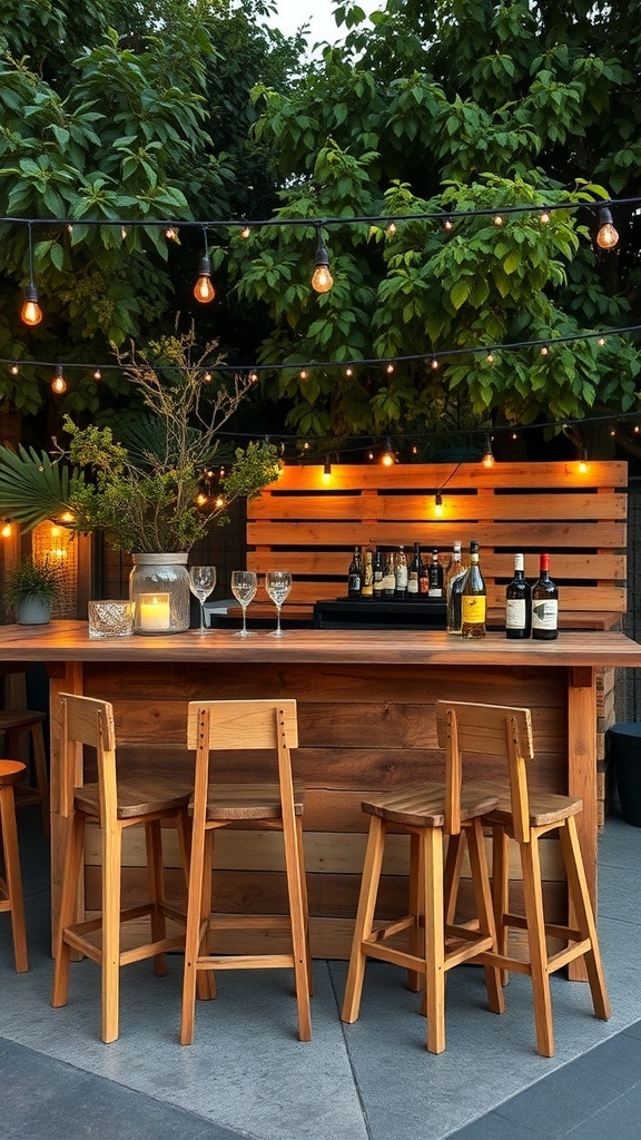 A rustic outdoor bar made from pallets, featuring wooden stools, string lights, and various bottles on the countertop.