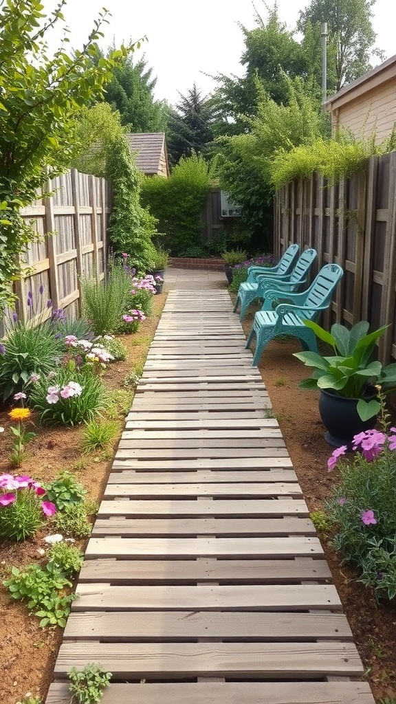 A wooden pallet pathway surrounded by flowers and greenery, leading to a seating area.