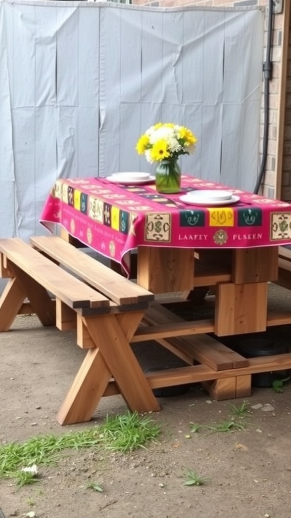 A pallet picnic table with a colorful tablecloth and a vase of yellow flowers.