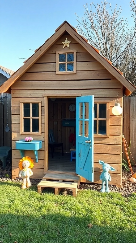 A wooden pallet playhouse with a blue door and windows, surrounded by plush toys in a grassy area.