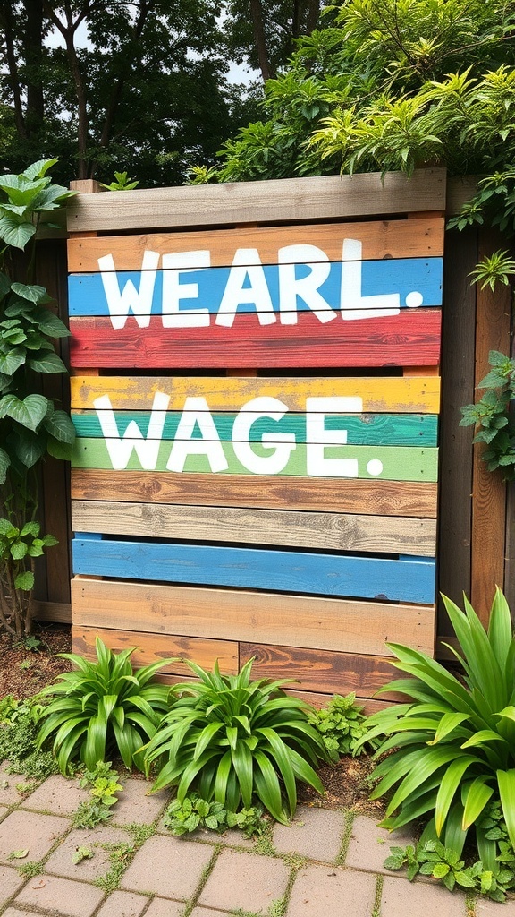 Colorful pallet wall art installation with the words 'WEARL. WAGE.' surrounded by greenery.