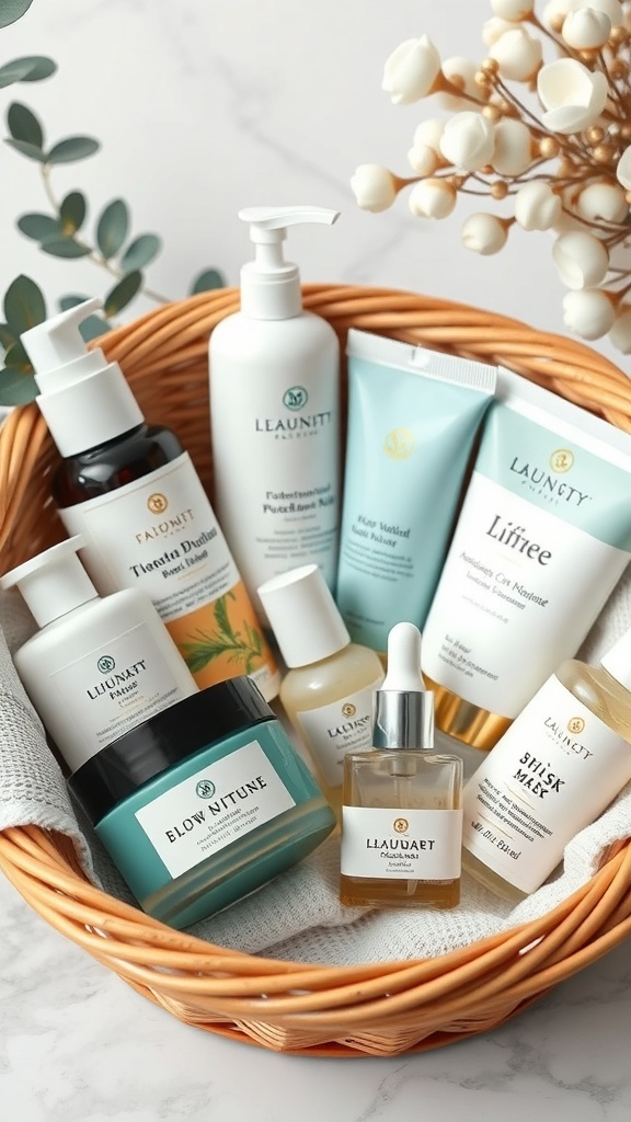 A self-care basket filled with various skin care products including cleansers, masks, and moisturizers.