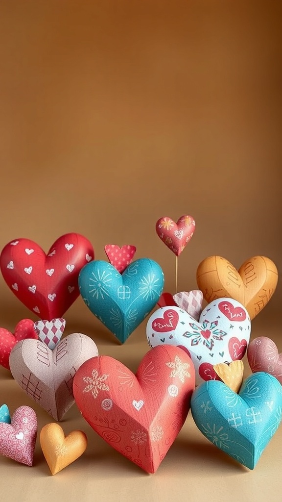 Colorful paper mache heart sculptures in various sizes and designs