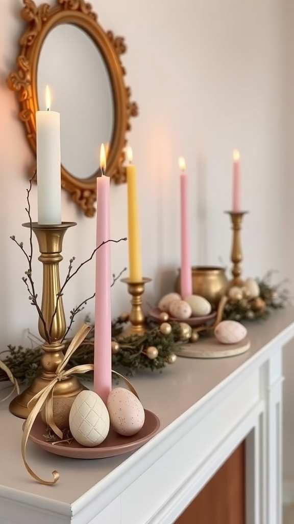 A beautifully decorated mantle with pastel candles and decorative eggs.