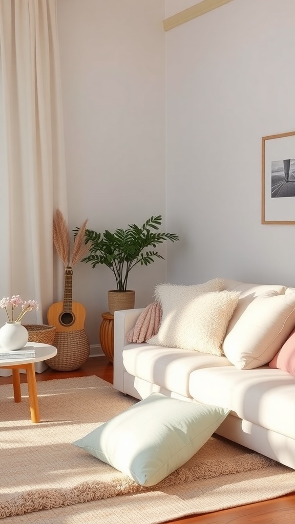 A cozy living room with pastel colored pillows and decor, featuring a guitar and plants.