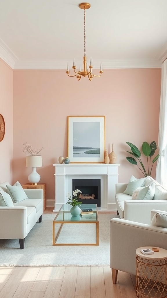 A cozy living room decorated with pastel colors, featuring light furniture and soft accents.
