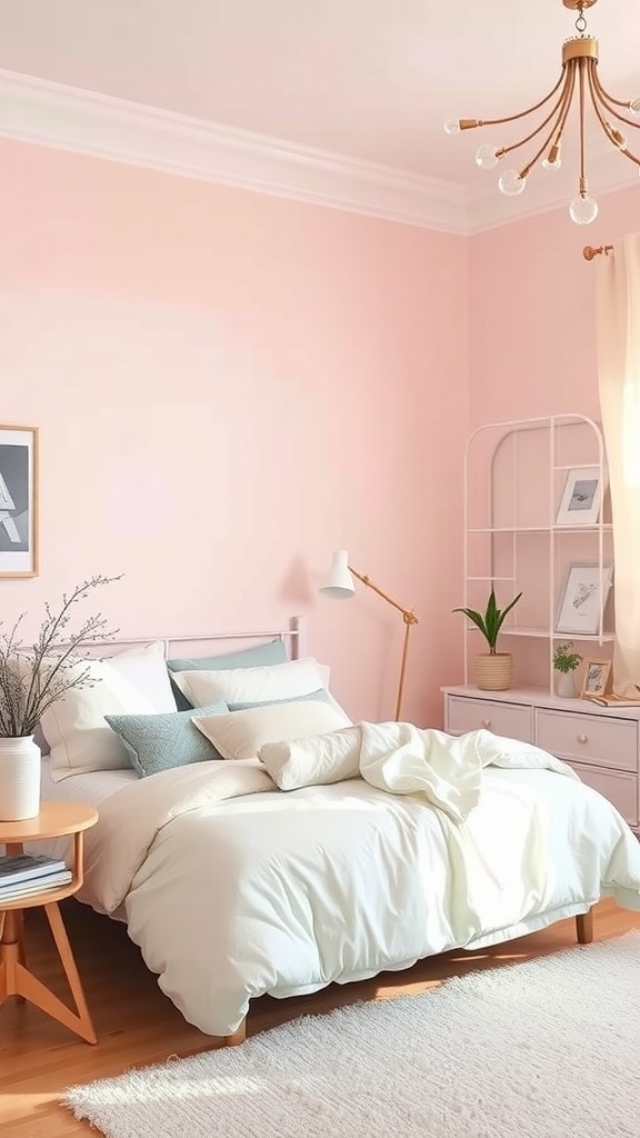 A cozy bedroom with pastel pink walls, a white bed with soft pillows, and a stylish lamp.