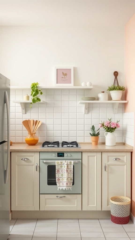 A bright kitchen featuring pastel colors and plants.