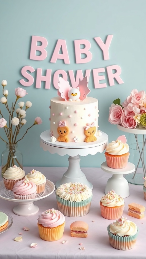 A pastel dessert table featuring a cake, cupcakes, and flowers for a baby shower.