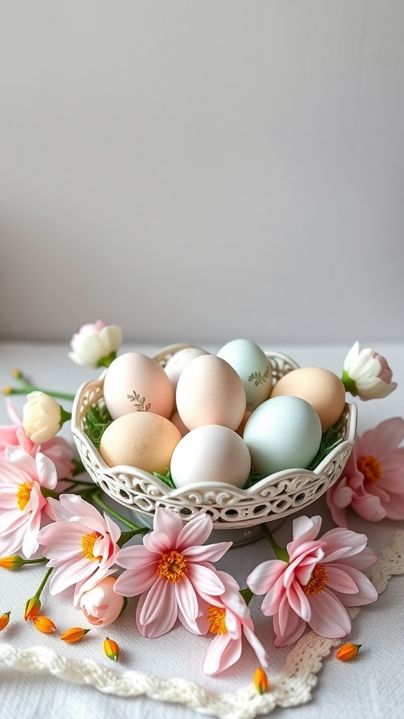 A bowl of pastel eggs surrounded by pink flowers on a table.