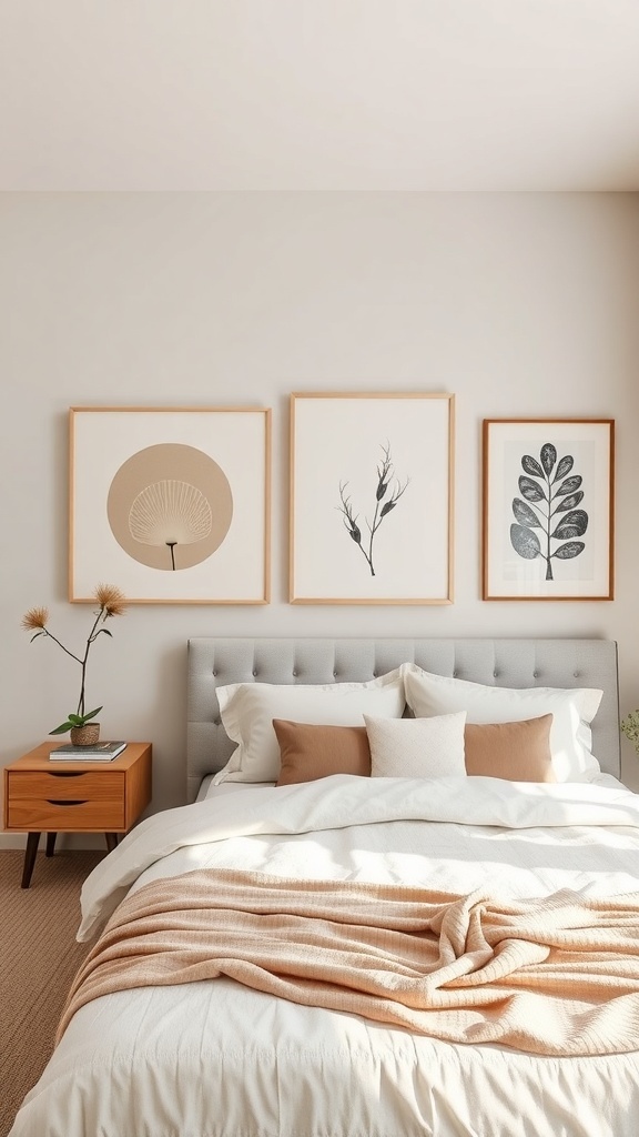A beige and cream bedroom featuring three pieces of beige artwork on the wall, a cozy bed with soft pillows, and a wooden nightstand.