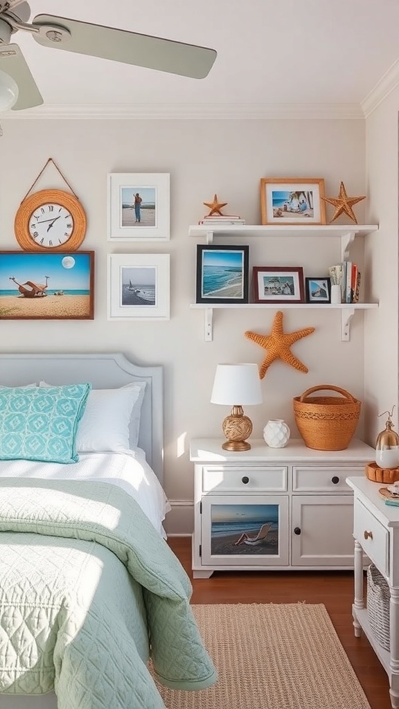 A cozy beach-themed bedroom with framed photos, seashells, and starfish decor.