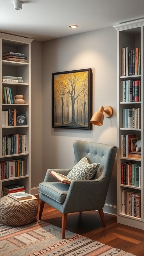 A cozy reading nook featuring a blue chair, bookshelves filled with books, and a piece of artwork on the wall.