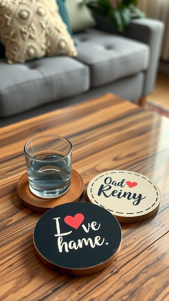 Personalized coasters with messages on a wooden table next to a glass of water.