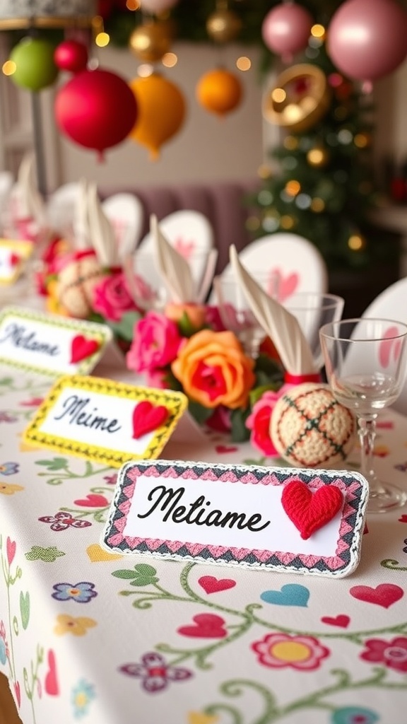 A beautifully decorated table with personalized crochet name tags, colorful flowers, and festive decorations.