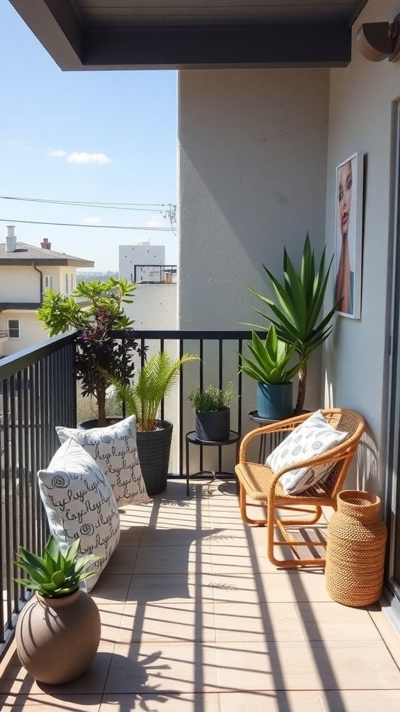 A small balcony decorated with plants, cushions, and a rattan chair, creating a cozy atmosphere.