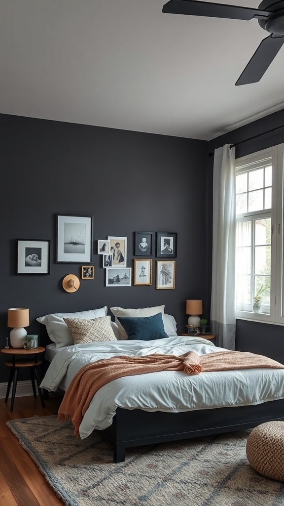 A dark grey bedroom featuring a gallery wall, cozy bedding, and warm lighting.