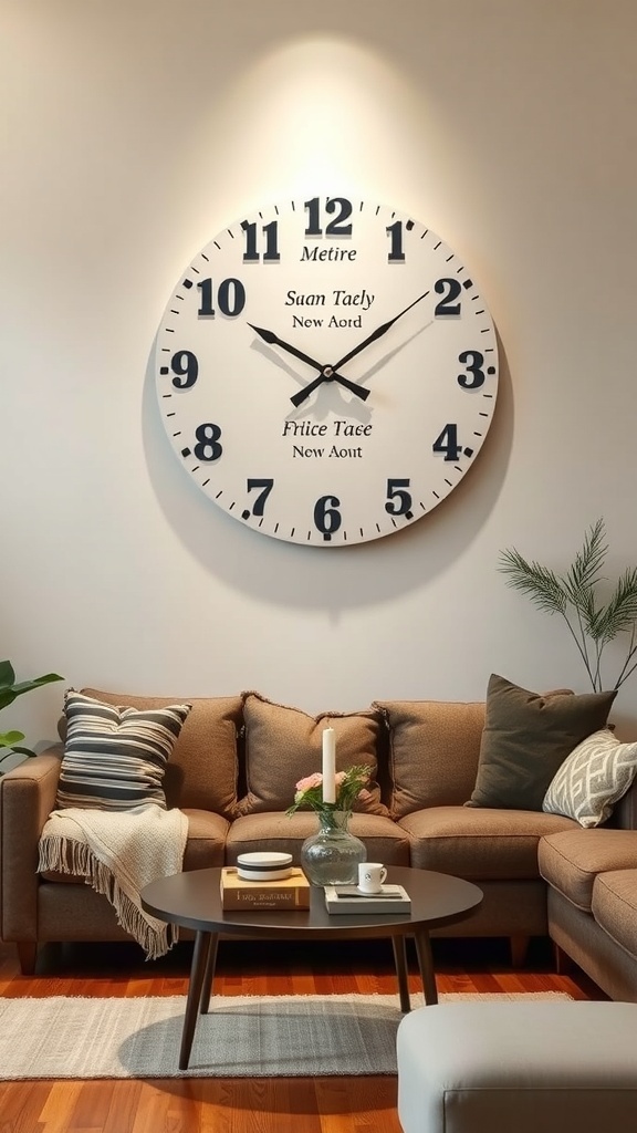 A large wall clock with personalized family names in a cozy living room setting.