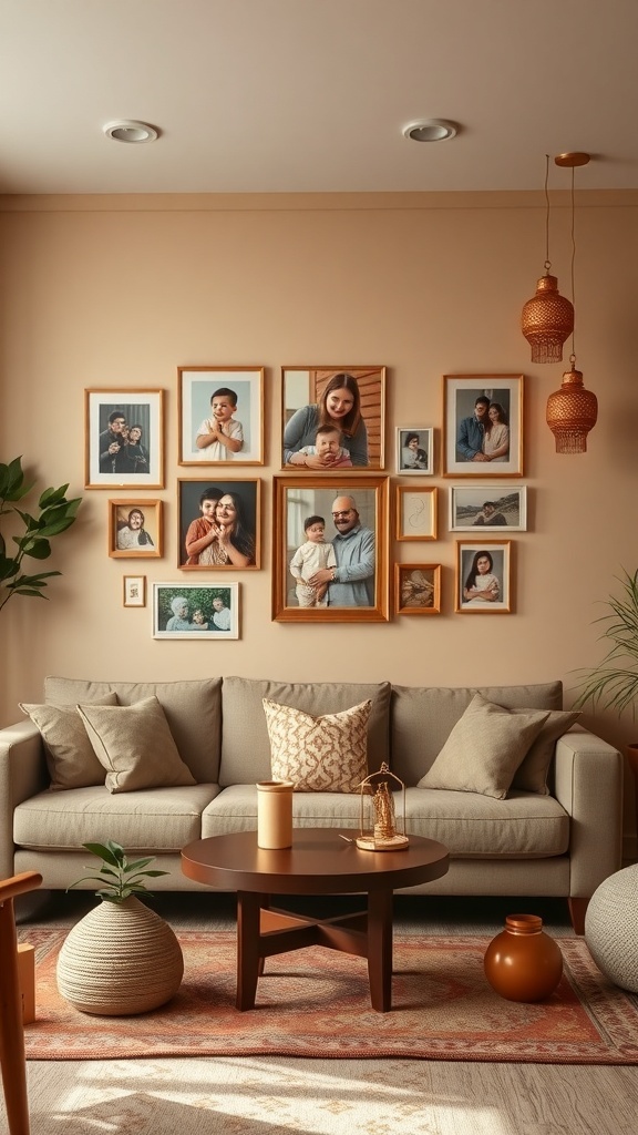 Living room with a wall of family photos in various frames, a cozy sofa, and decorative elements.