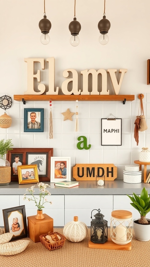 A cozy kitchen decorated with family photos, wooden letters, and plants, creating a warm atmosphere.