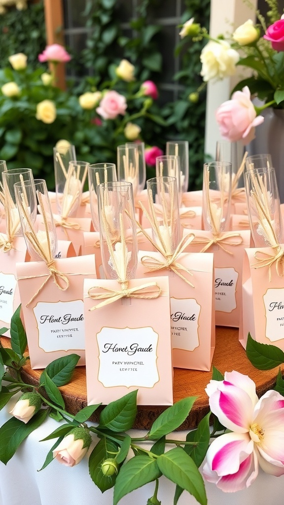 Personalized favors for a garden party bridal shower, featuring elegant gift boxes and decorative elements.