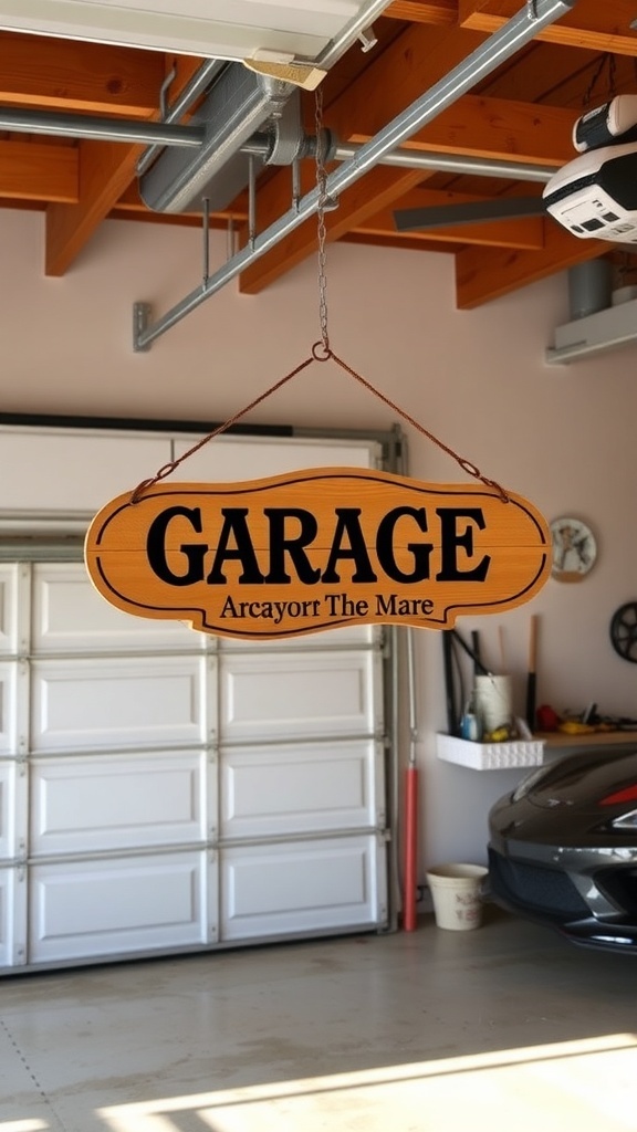 A wooden sign that says 'GARAGE' with the name 'Arcayorr The Mare' hanging in a garage.