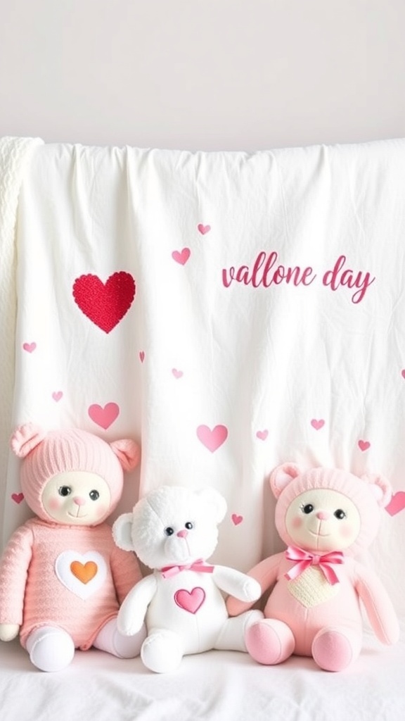 Three cute stuffed animals on a white blanket with hearts and the text 'vallone day'
