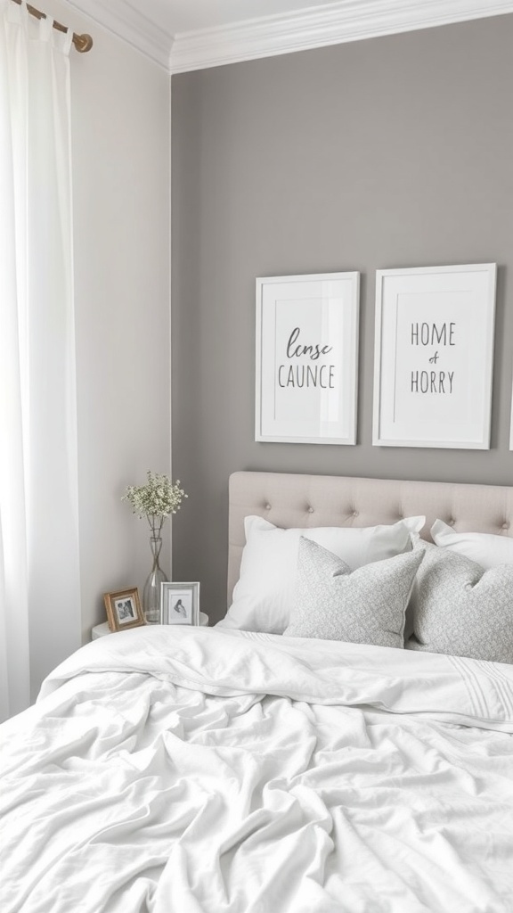 A cozy grey and white bedroom featuring soft grey walls, white bedding, and decorative framed prints.