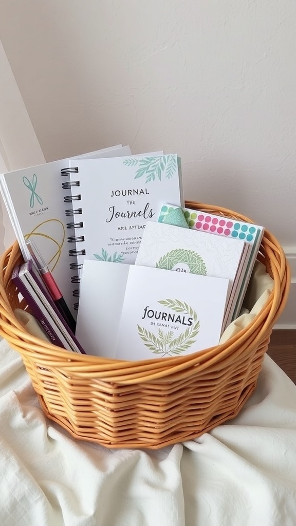 A cozy basket filled with various personalized journals and planners, showcasing different designs and colors.
