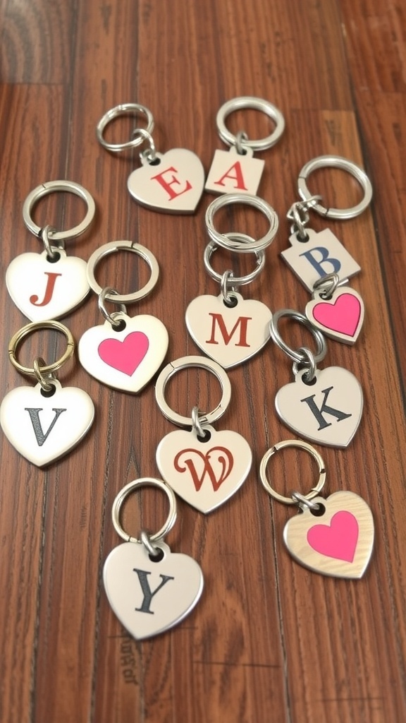 A variety of personalized heart-shaped keychains with initials and designs