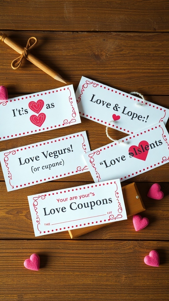 Colorful love coupons with playful designs and messages on a wooden table