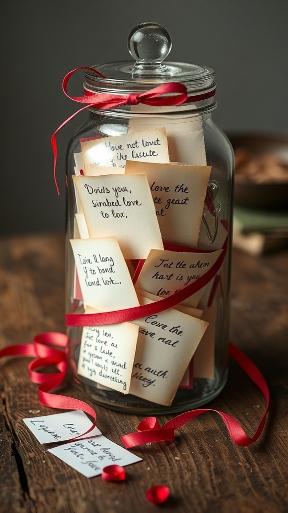 A glass jar filled with handwritten love notes, tied with a red ribbon, placed on a wooden surface.
