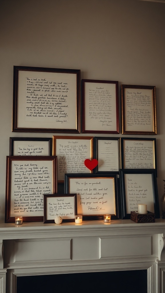 A display of framed love letters on a mantle, featuring a small red heart and candles.