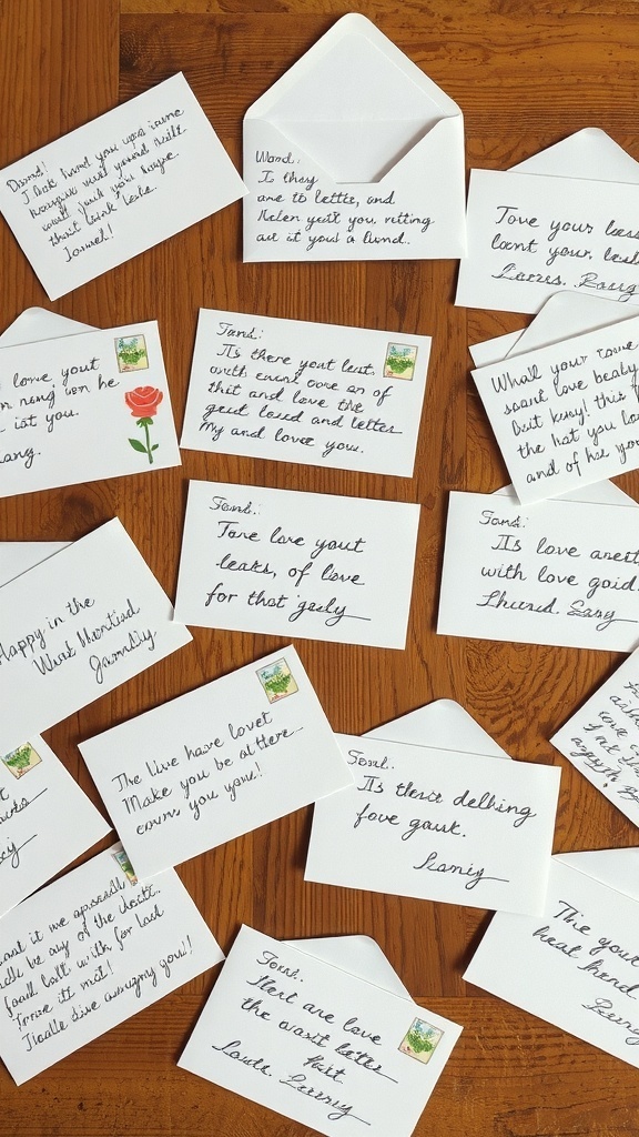 A collection of handwritten love letters and envelopes displayed on a wooden table.