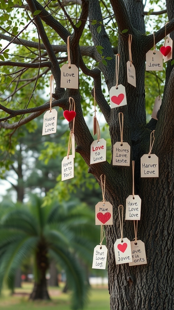 A tree with various love message tags hanging from its branches.