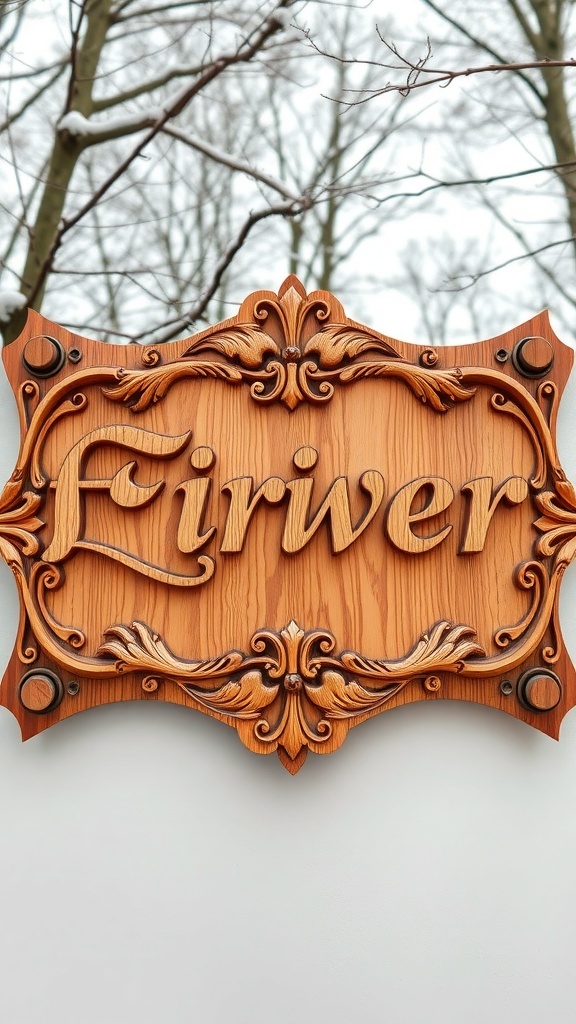 A beautifully carved wooden name plaque with the name 'Firwer' displayed prominently.
