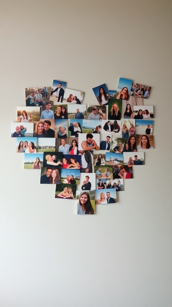 A heart-shaped collage made of various personal photos on a wall.