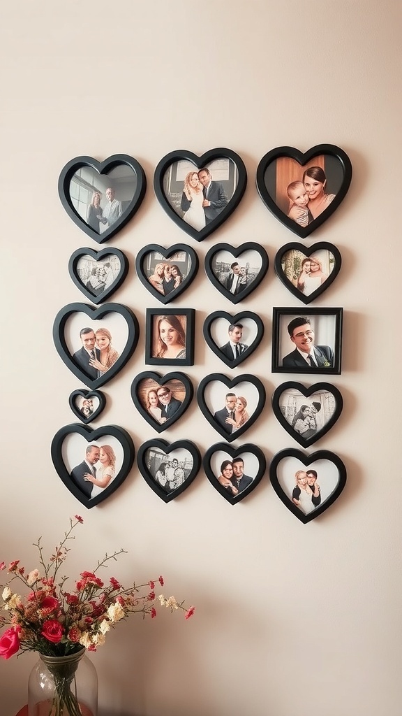 A wall display of heart-shaped photo frames filled with various pictures, accompanied by a vase of flowers.