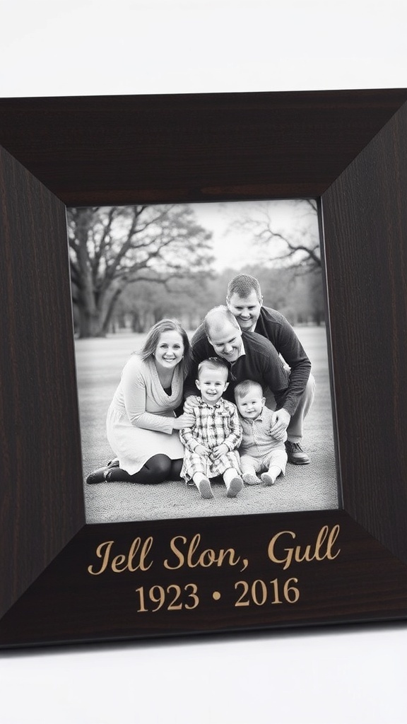 A personalized photo frame with a family photo and engraved text.