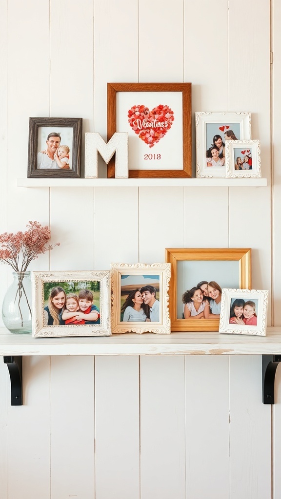 A collection of personalized photo frames on a shelf, featuring family and couple photos, with a heart-themed artwork in the center.